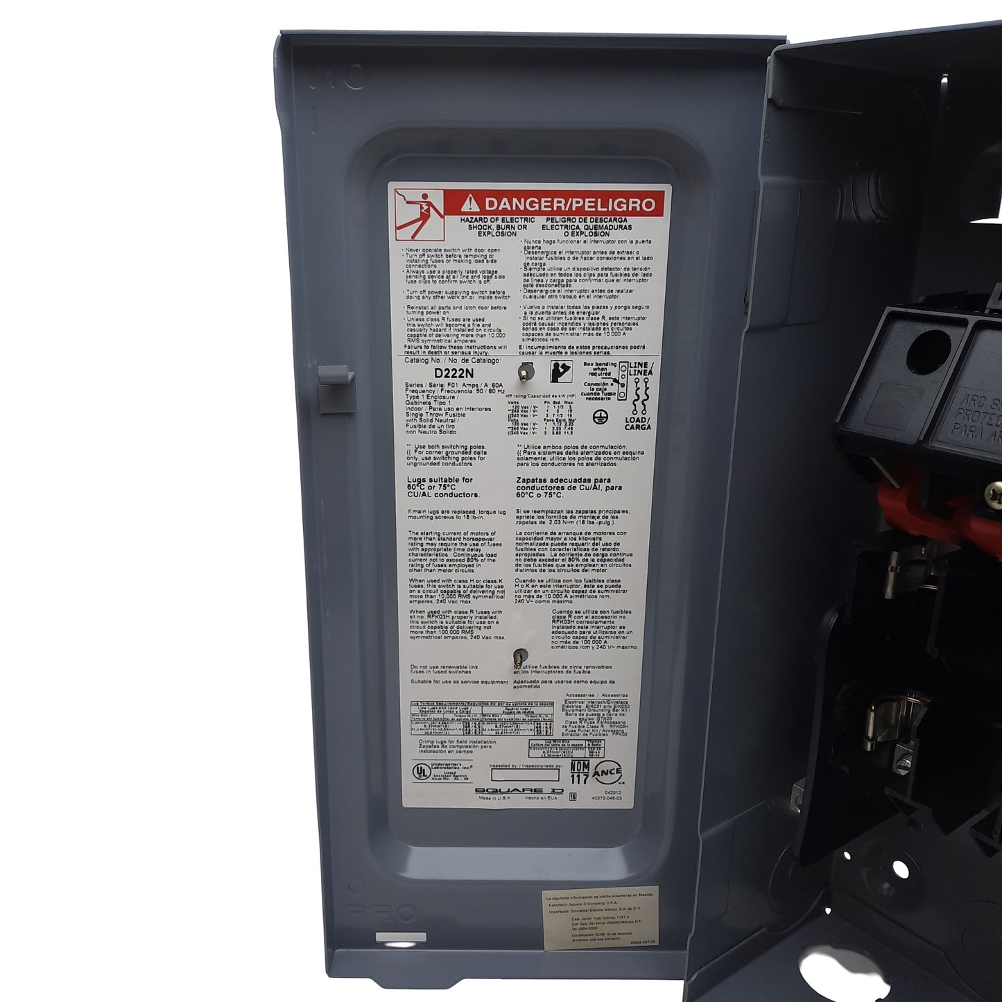 Used Square-D D222N General Duty Safety Switch, 2-Pole 3-Wire, 60A 240VAC, H/K/R Fuse