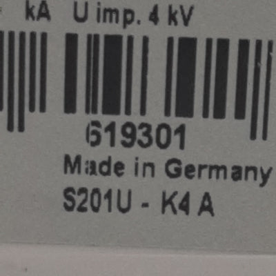 Used ABB S201U-K4 Circuit Breaker, 1-Pole, 4A 240VAC, K-Curve, DIN Rail Mount