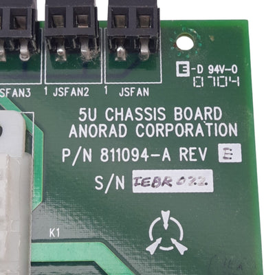 Used Anorad 811094-A Rev E 5U Chassis Board w/ Inductors, 4 Relay Sockets, 5VDC