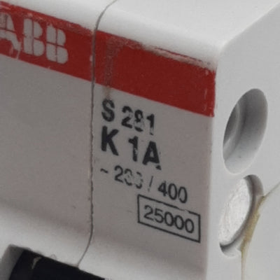 Used ABB S281-K1 Circuit Breaker, 1-Pole, 1A 230/400VAC, K-Curve, DIN Rail Mount