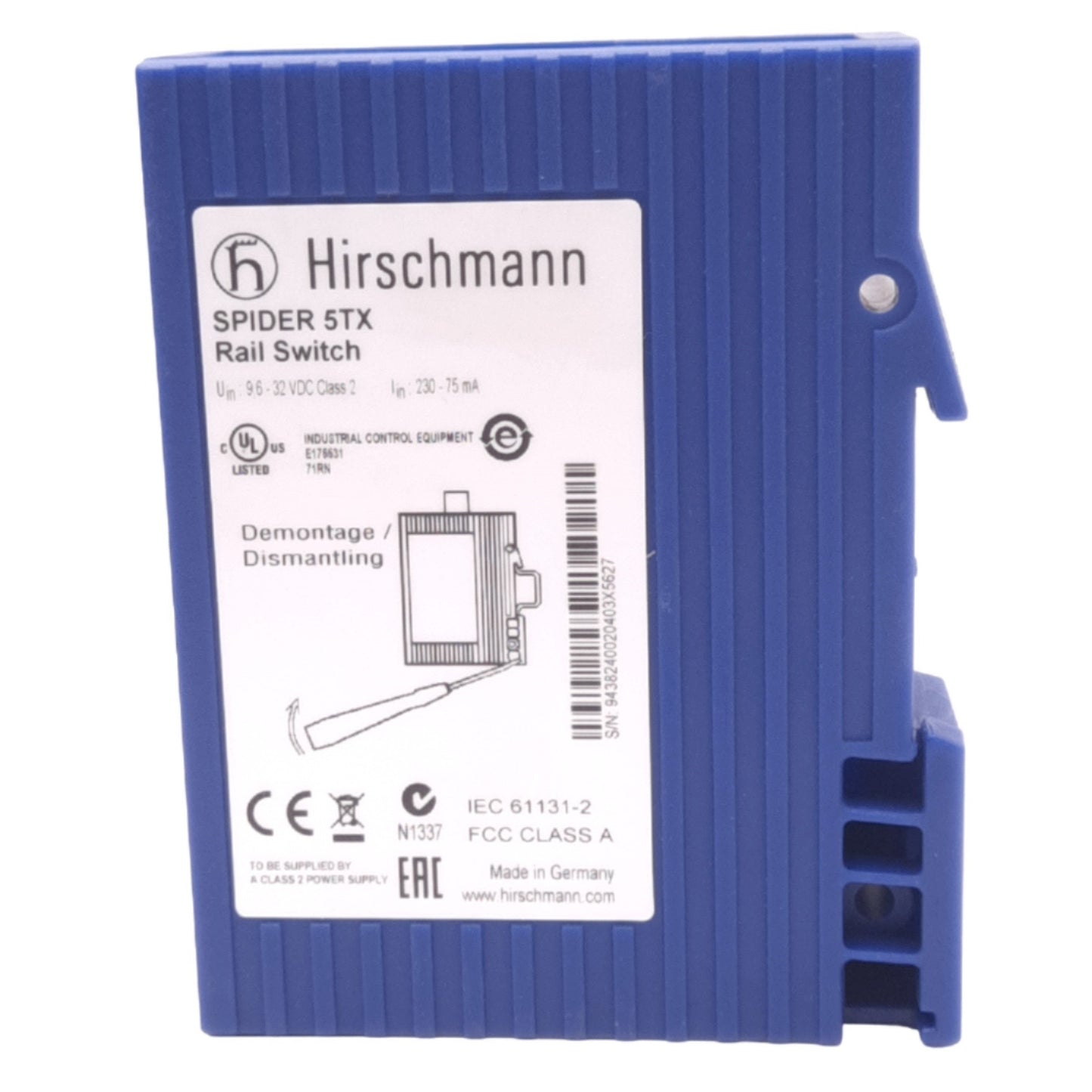Used Hirschmann SPIDER 5TX Ethernet Switch, 5-Port RJ45, 24VDC, DIN Rail Mount