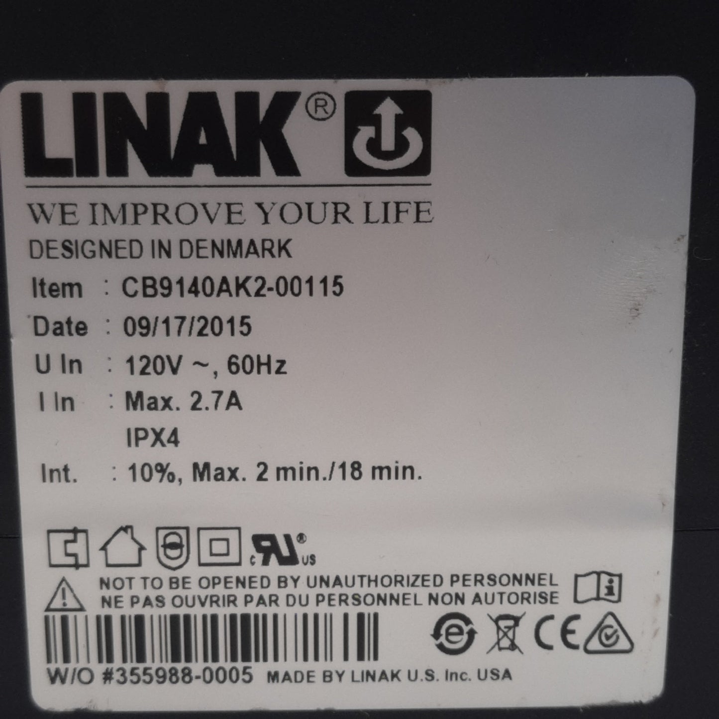 Used Linak CB9140AK2-00115 CARELINE Control Box, Black, 2.7A 120VAC, DIN Sockets