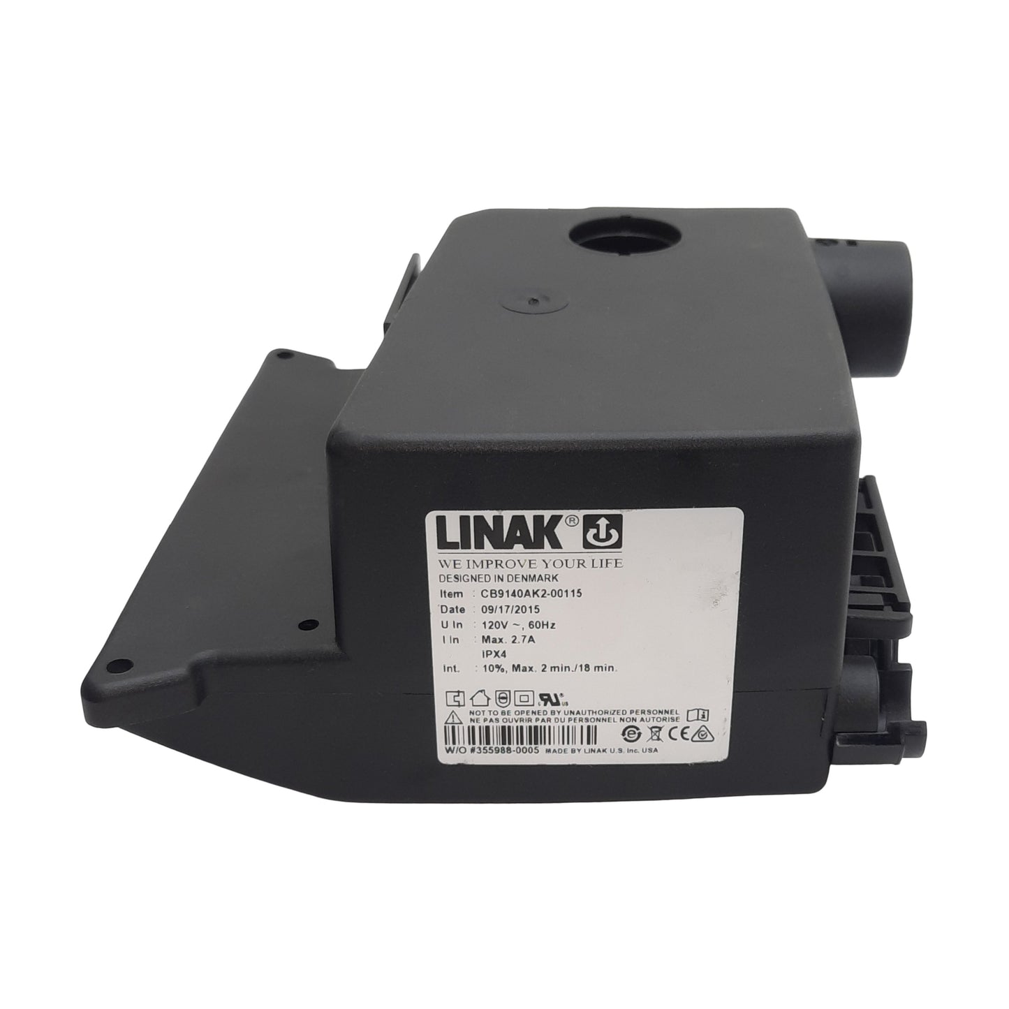 Used Linak CB9140AK2-00115 CARELINE Control Box, Black, 2.7A 120VAC, DIN Sockets