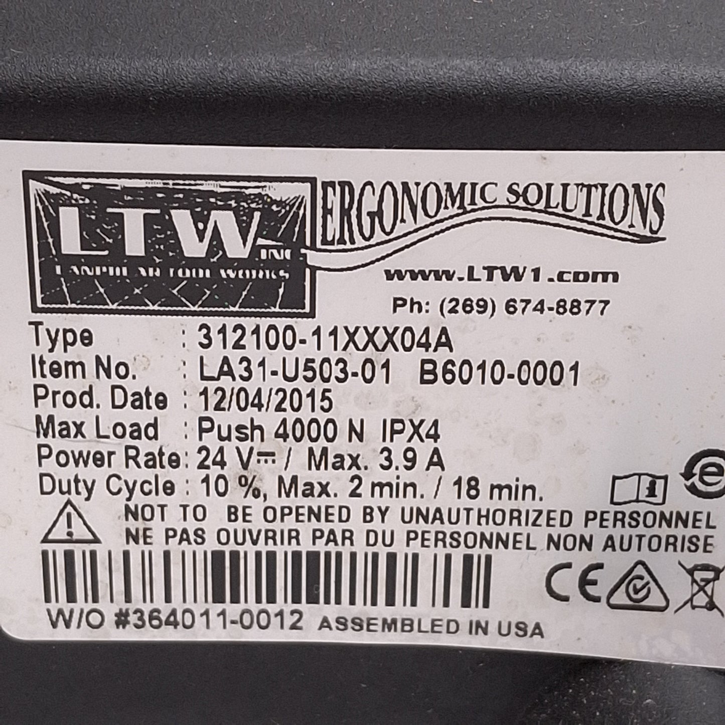 Used Linak 312100-1130004A LA31 Linear Actuator, 300mm Stroke, 4000N, 24VDC 3.9A