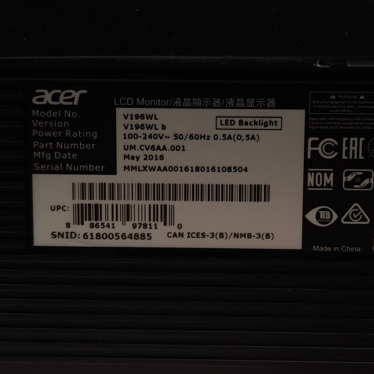 Used Acer V196WL Widescreen LCD Monitor, 19in, 1440 x 900, 100-240VAC, VGA Video