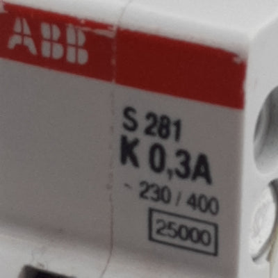 Used ABB S281-K0.3 Circuit Breaker, 1-Pole, 0.3A 230/400VAC, K-Curve, DIN Rail