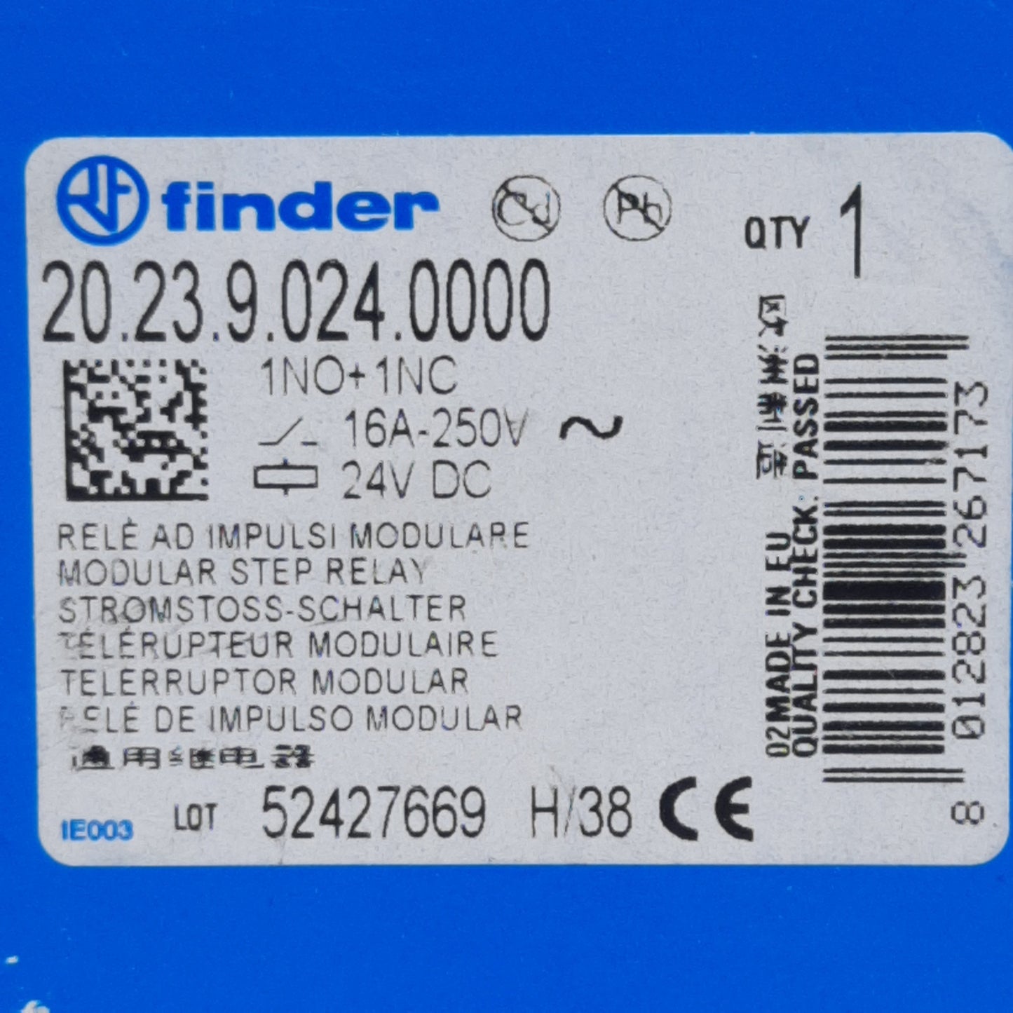 Used Finder 20.23.9.024.0000 Modular Step Relay, 1N.O+1N.C., 16A 250VAC, 24VDC Coil