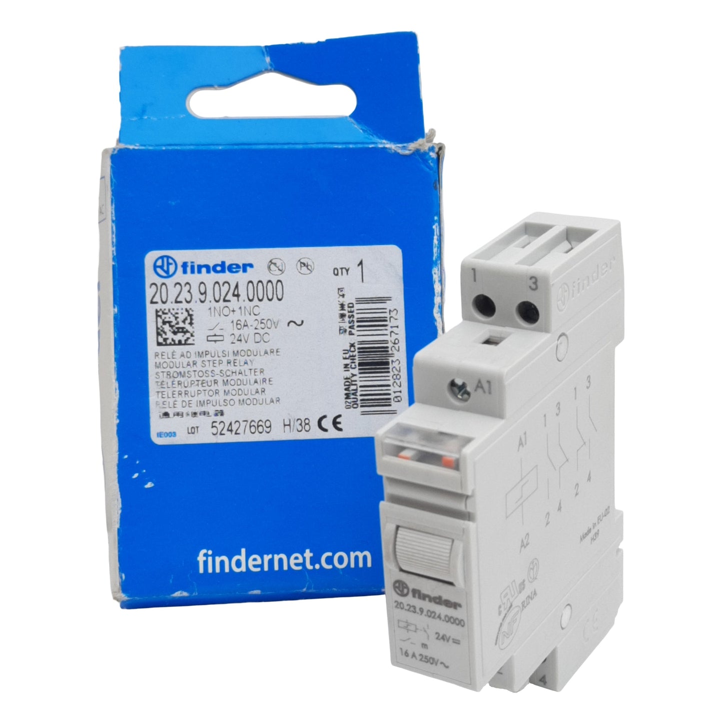 Used Finder 20.23.9.024.0000 Modular Step Relay, 1N.O+1N.C., 16A 250VAC, 24VDC Coil