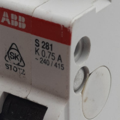 Used ABB S281-K0.75 Circuit Breaker, 1-Pole, 0.75A 240/415VAC, K-Curve, DIN Rail