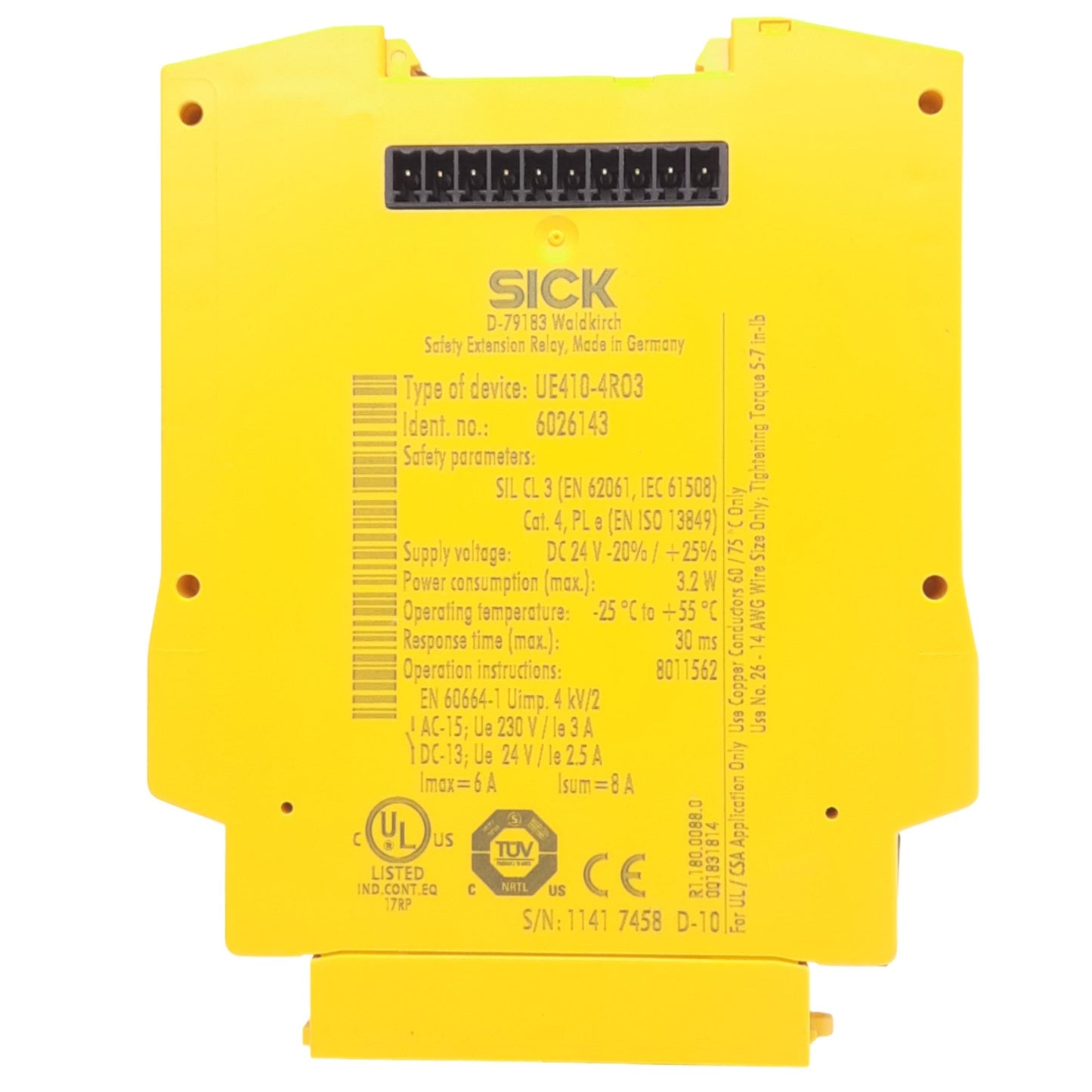 Used Sick UE410-4RO3 Safety Relay, 4NO Out, 24VDC In, 250VAC 6A Max, DIN Rail