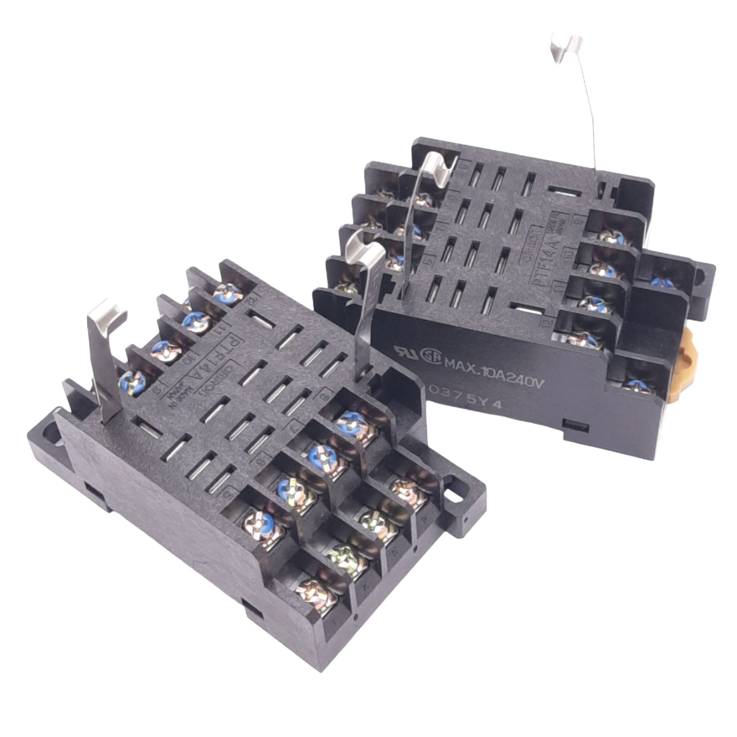 Used Lot of 2 Omron PTF14A Relay Sockets, 14-Pin, 250VAC 10A Max, DIN Rail