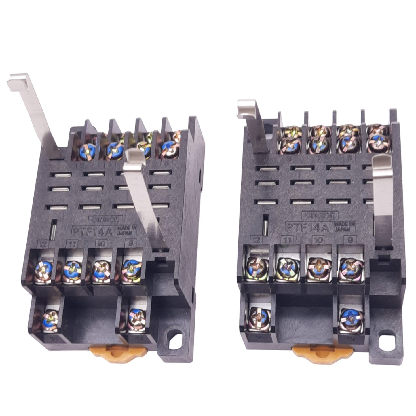 Used Lot of 2 Omron PTF14A Relay Sockets, 14-Pin, 250VAC 10A Max, DIN Rail