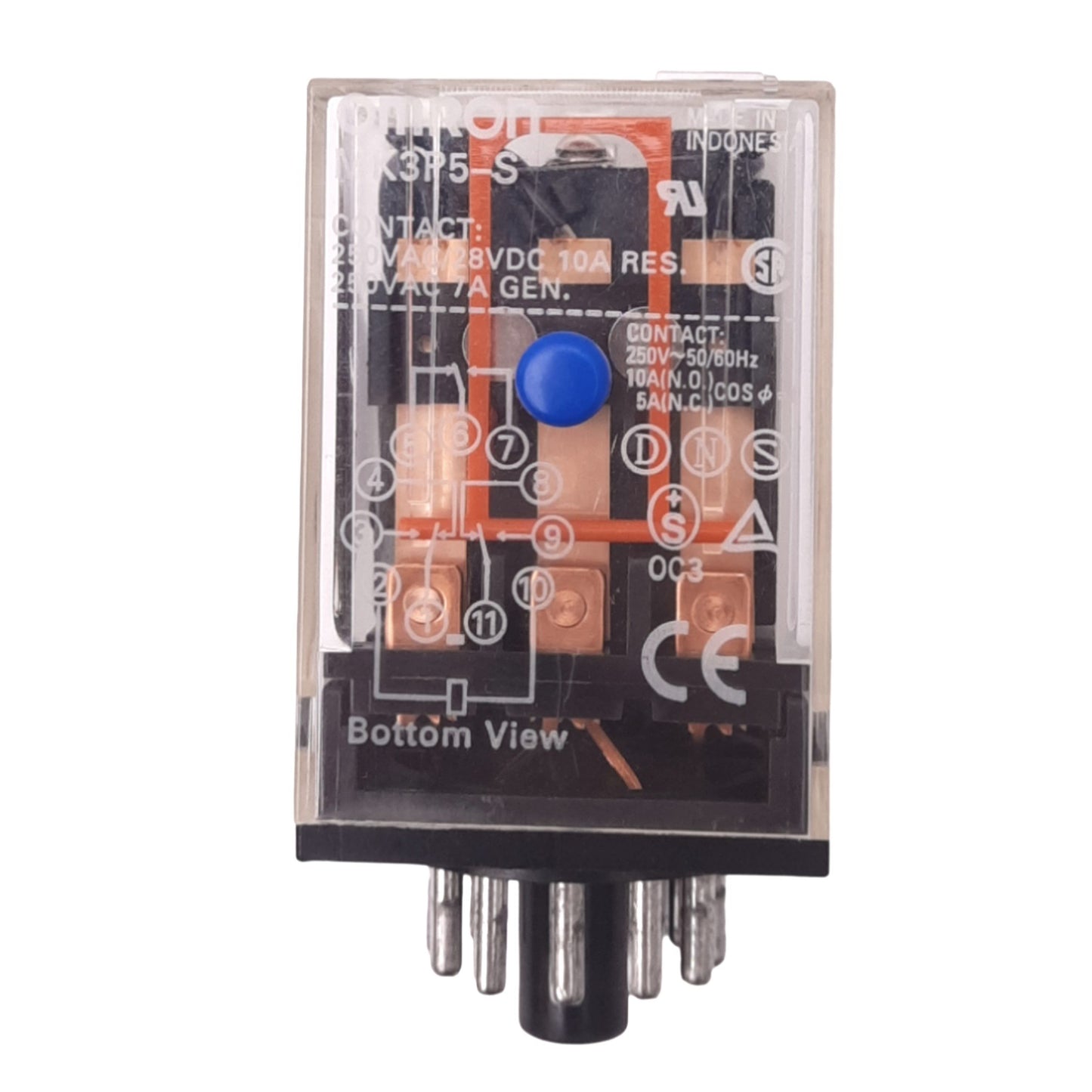 New Omron MK3P5-S Ice-Cube Relay, 3PDT, 11-Pin, Push to Test, 10A Max, 24VDC Coil