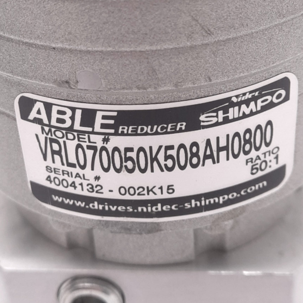 Used Shimpo VRL070050K508AH0800 Able Reducer, 50:1 Ratio, ø16mm Shaft, 6000rpm Max