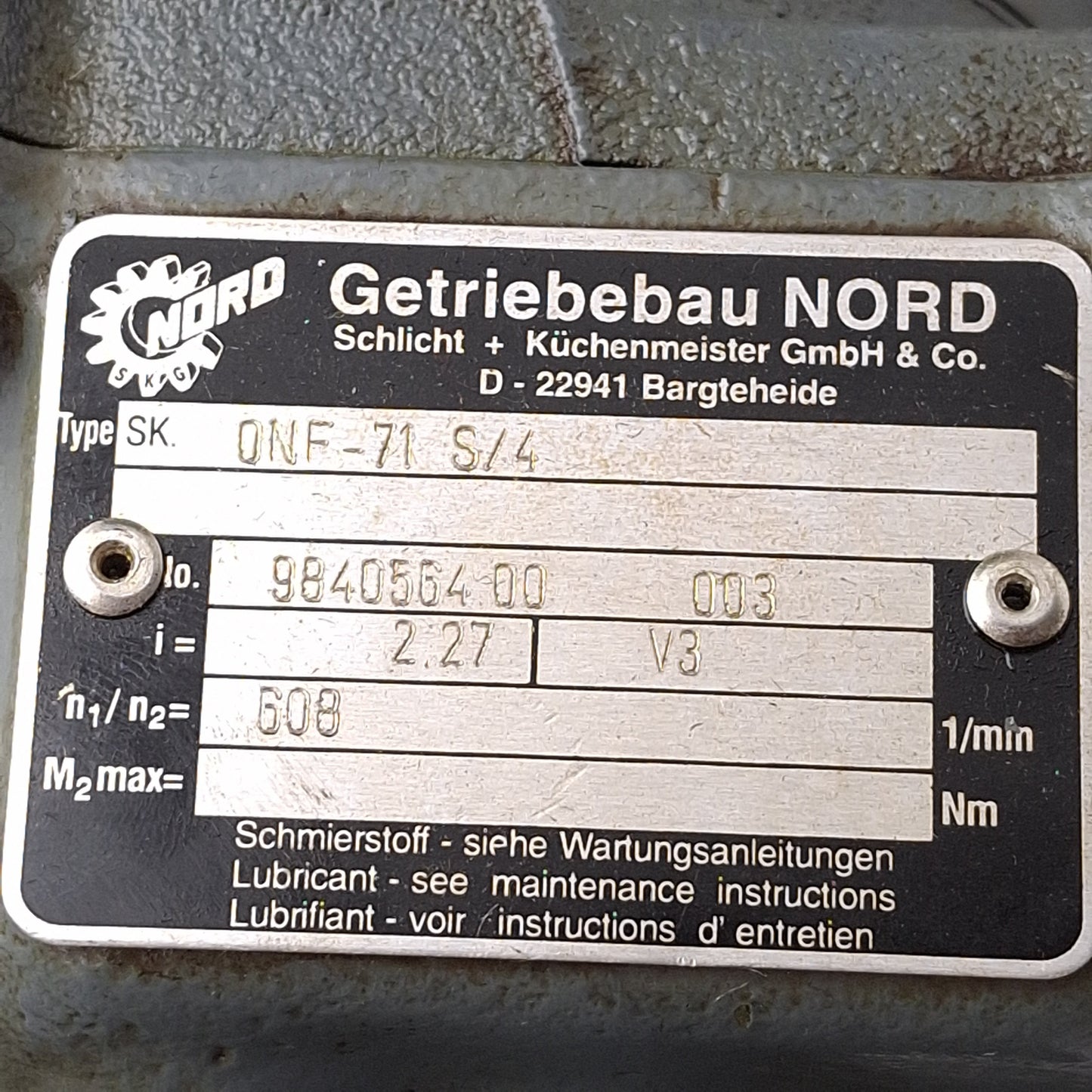 Used Nord SK 0NF-71S/4 Gearmotor, 2.27:1, 0.29kW 3-Phase 265/460VAC 60Hz, ø16mm Shaft