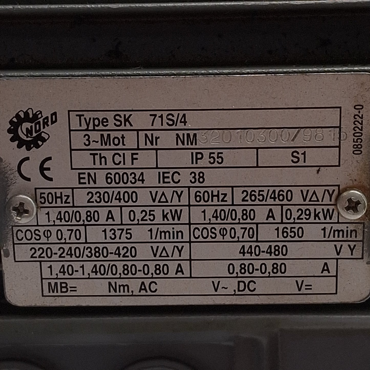 Used Nord SK 0NF-71S/4 Gearmotor, 2.27:1, 0.29kW 3-Phase 265/460VAC 60Hz, ø16mm Shaft