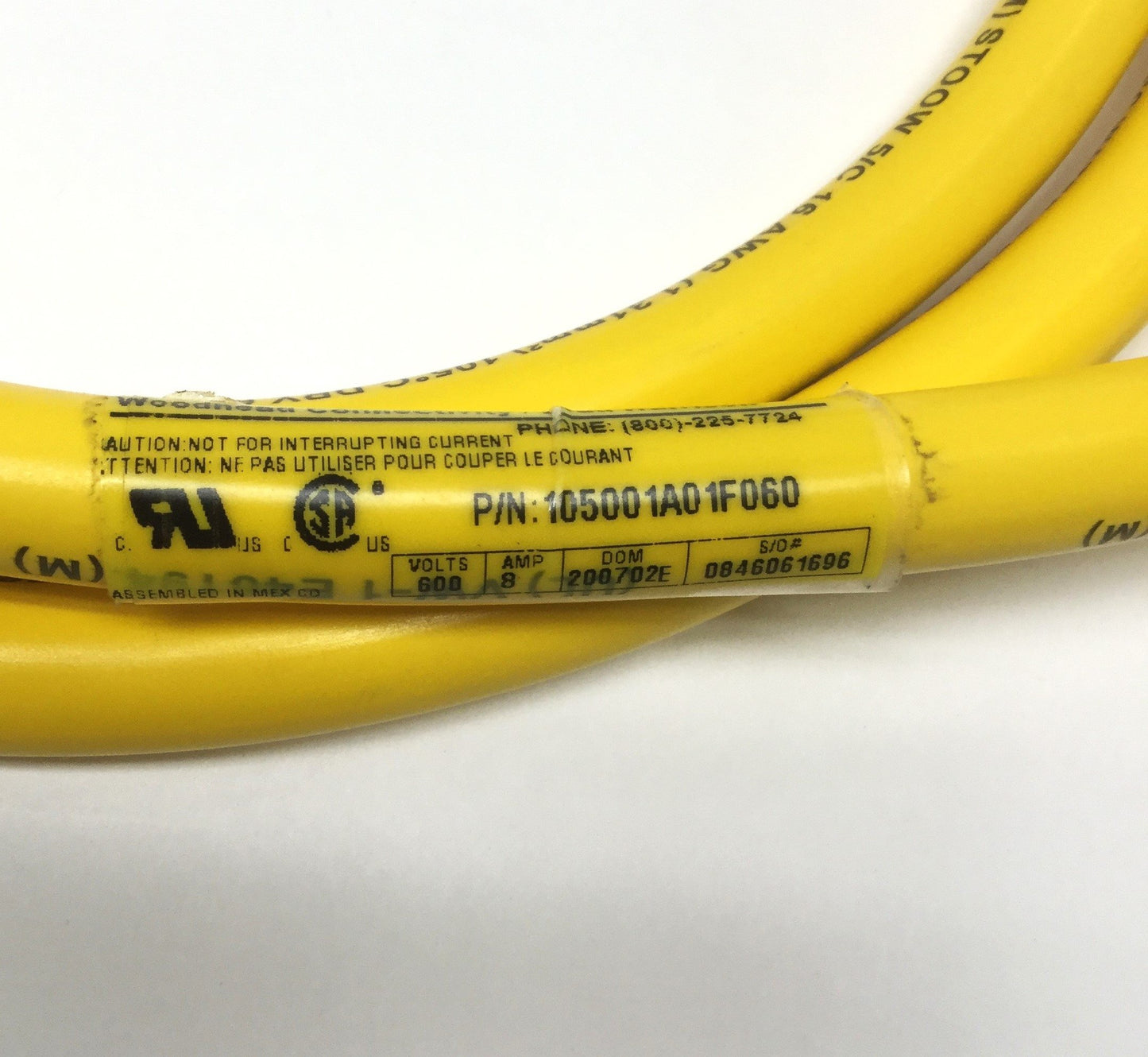 Used Woodhead 105001A01F060 Mini-Change Cordset Cable, 5-Pin, 7/8"-16 Female 90°, 6ft
