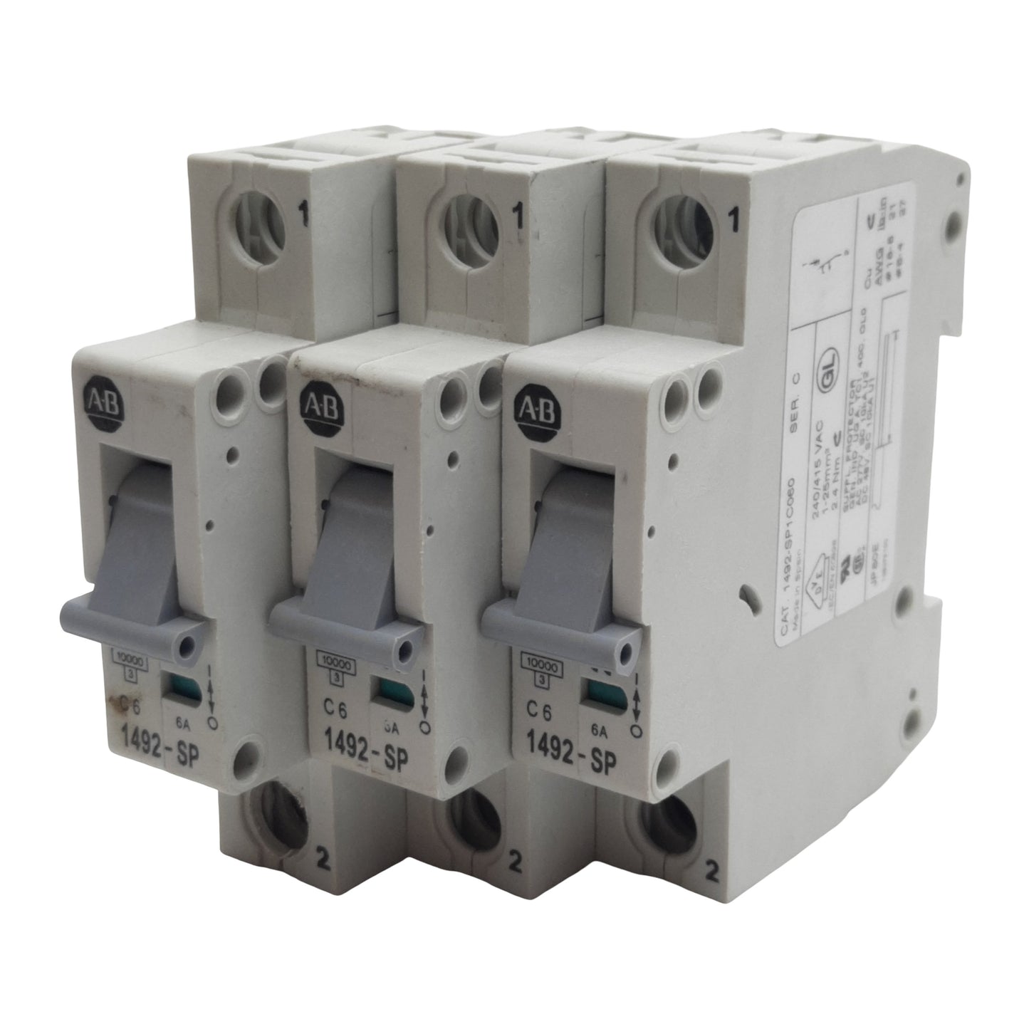 Used Lot of 3 Allen Bradley 1492-SP1C060 Circuit Breaker 1-Pole 6A 240/415VAC K-Curve