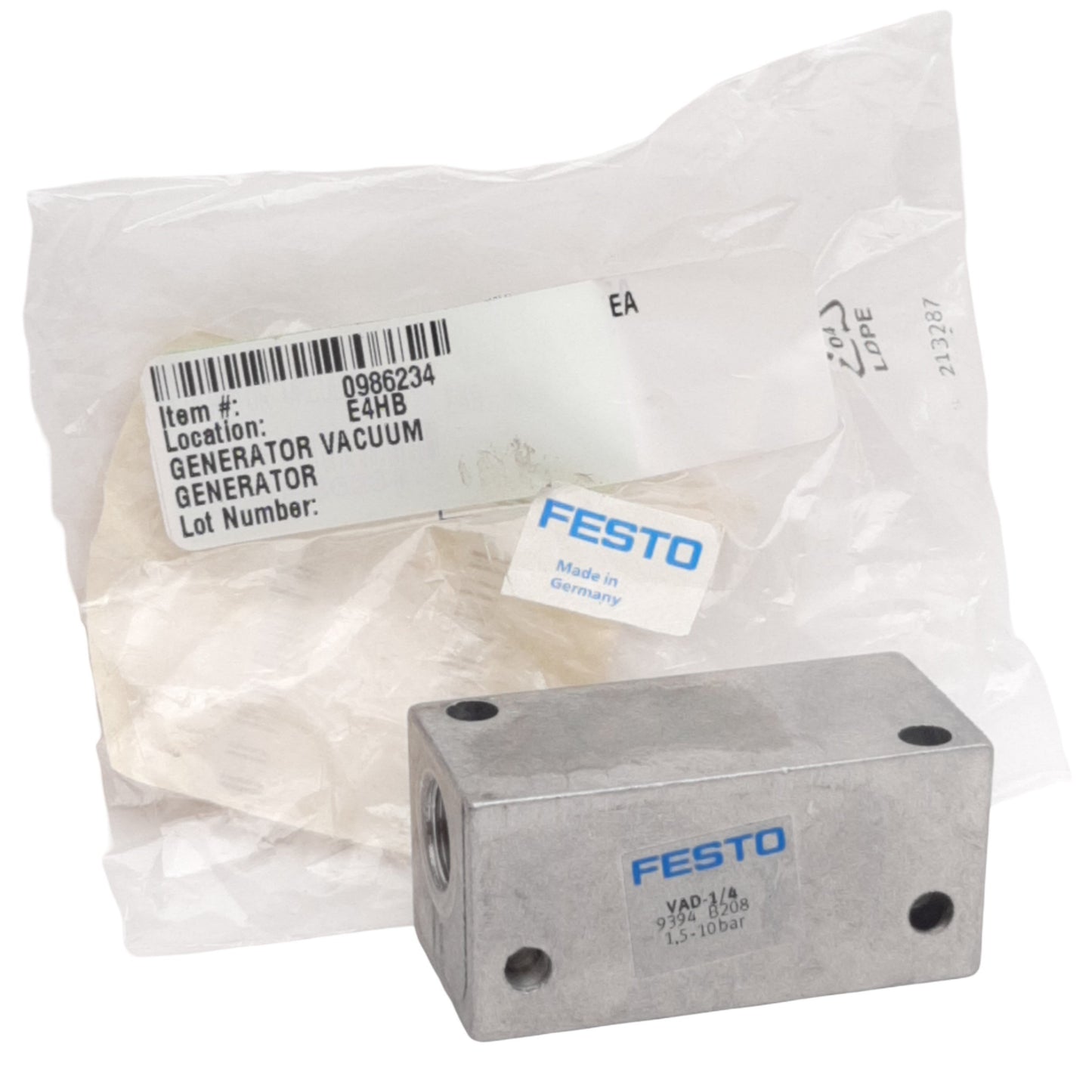 New Festo 9394 Vacuum Generator 1mm Nozzle, 1.5bar-10bar, G1/4 Port, 80% Max