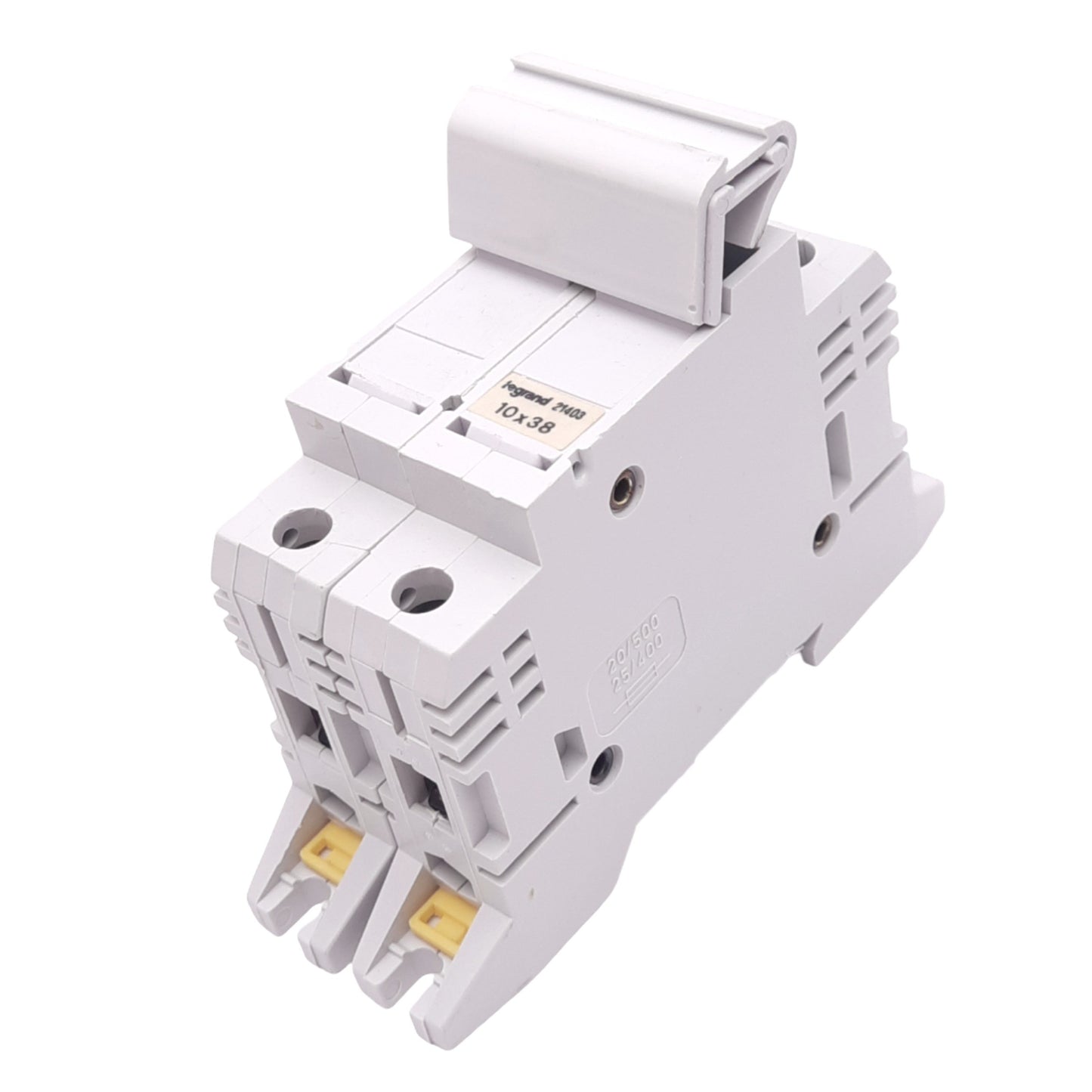 Used Legrand 21403 10x38 Fuse Holder, 2-Fuse, 500VAC 6A Max, DIN Rail Mount
