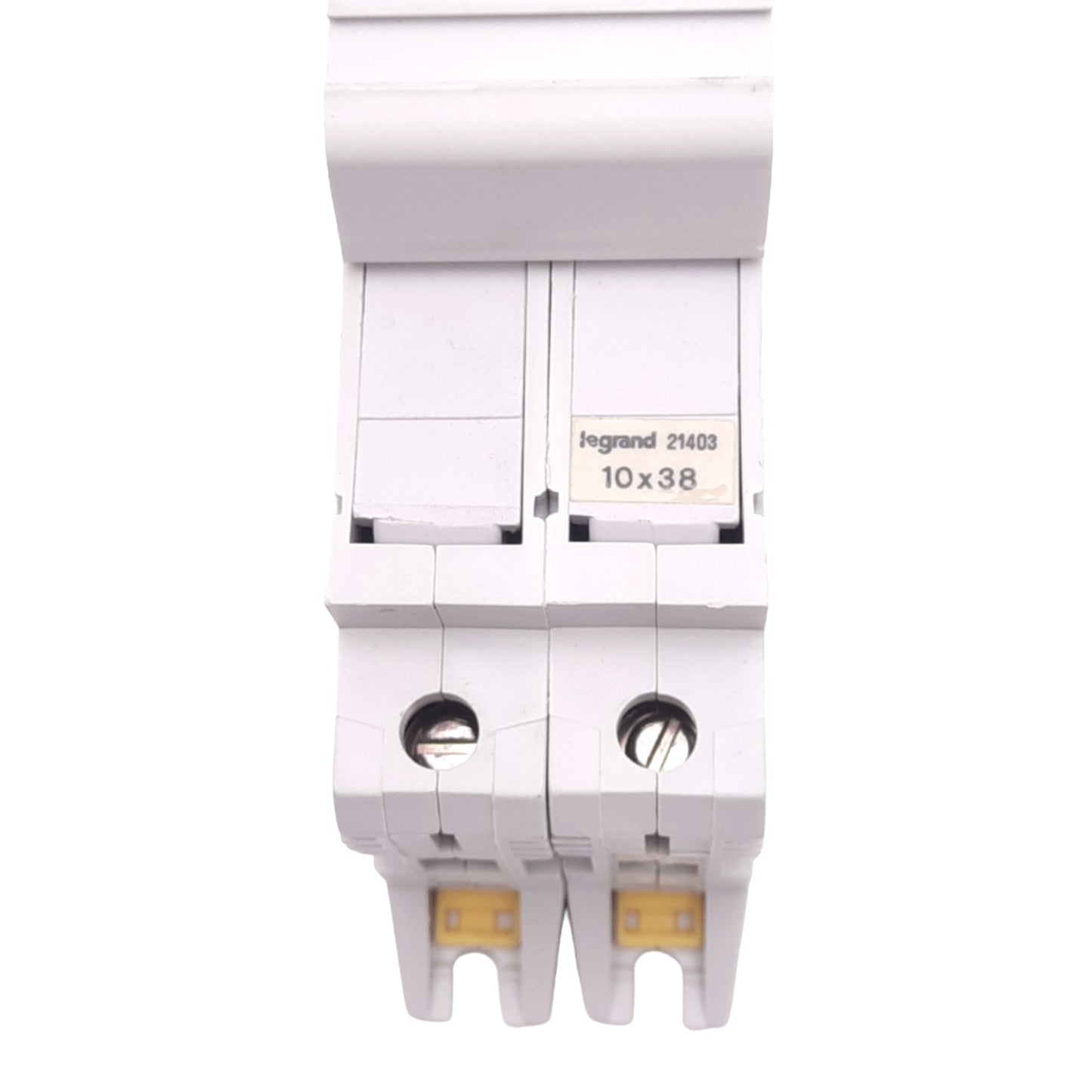 Used Legrand 21403 10x38 Fuse Holder, 2-Fuse, 500VAC 6A Max, DIN Rail Mount
