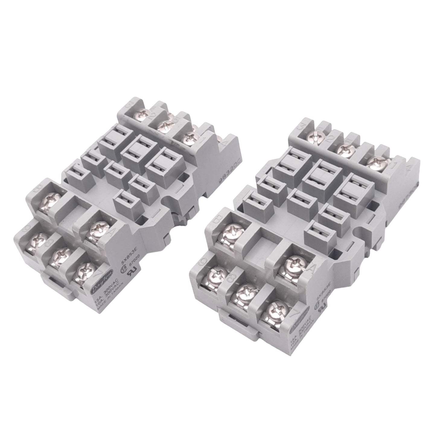 New Lot of 2 Dayton 5X853E Relay Sockets, 11-Pin Blade, 300V 15A Max, DIN Rail
