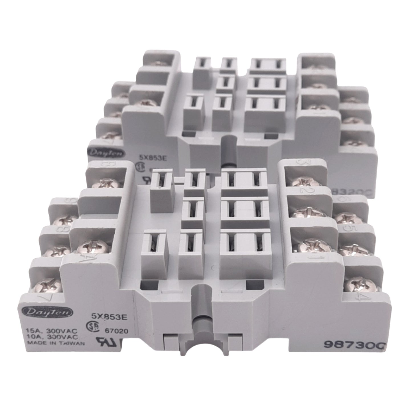 New Lot of 2 Dayton 5X853E Relay Sockets, 11-Pin Blade, 300V 15A Max, DIN Rail