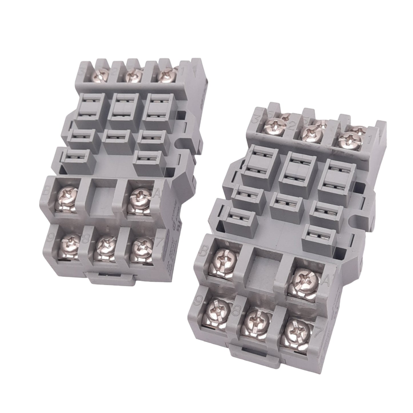 New Lot of 2 Dayton 5X853E Relay Sockets, 11-Pin Blade, 300V 15A Max, DIN Rail