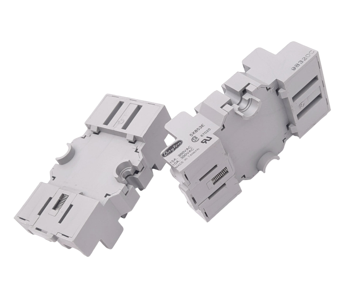 New Lot of 2 Dayton 5X853E Relay Sockets, 11-Pin Blade, 300V 15A Max, DIN Rail