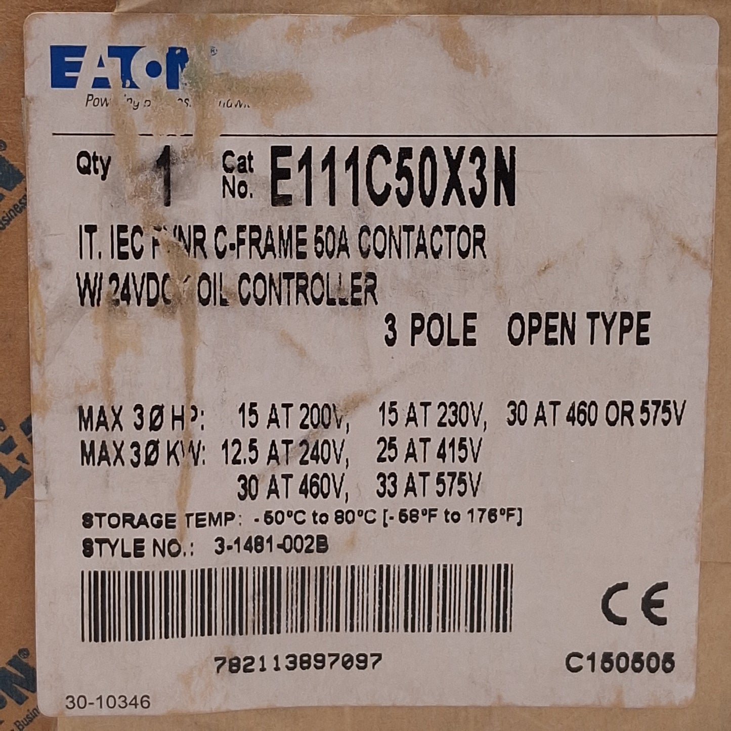 New Eaton E04NC50X3N IEC Contactor, 3-Pole, 50A, 33kW/30HP @ 3Ø 575VAC, 24VDC Coil