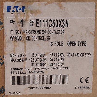 New Eaton E04NC50X3N IEC Contactor, 3-Pole, 50A, 33kW/30HP @ 3Ø 575VAC, 24VDC Coil