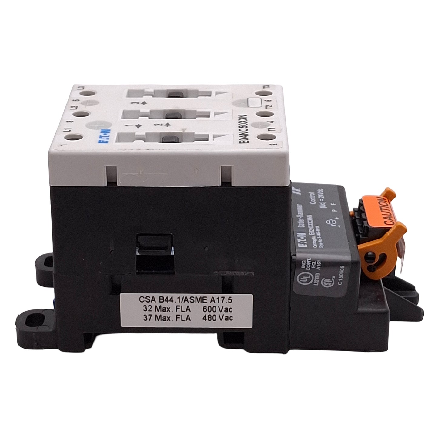 New Eaton E04NC50X3N IEC Contactor, 3-Pole, 50A, 33kW/30HP @ 3Ø 575VAC, 24VDC Coil