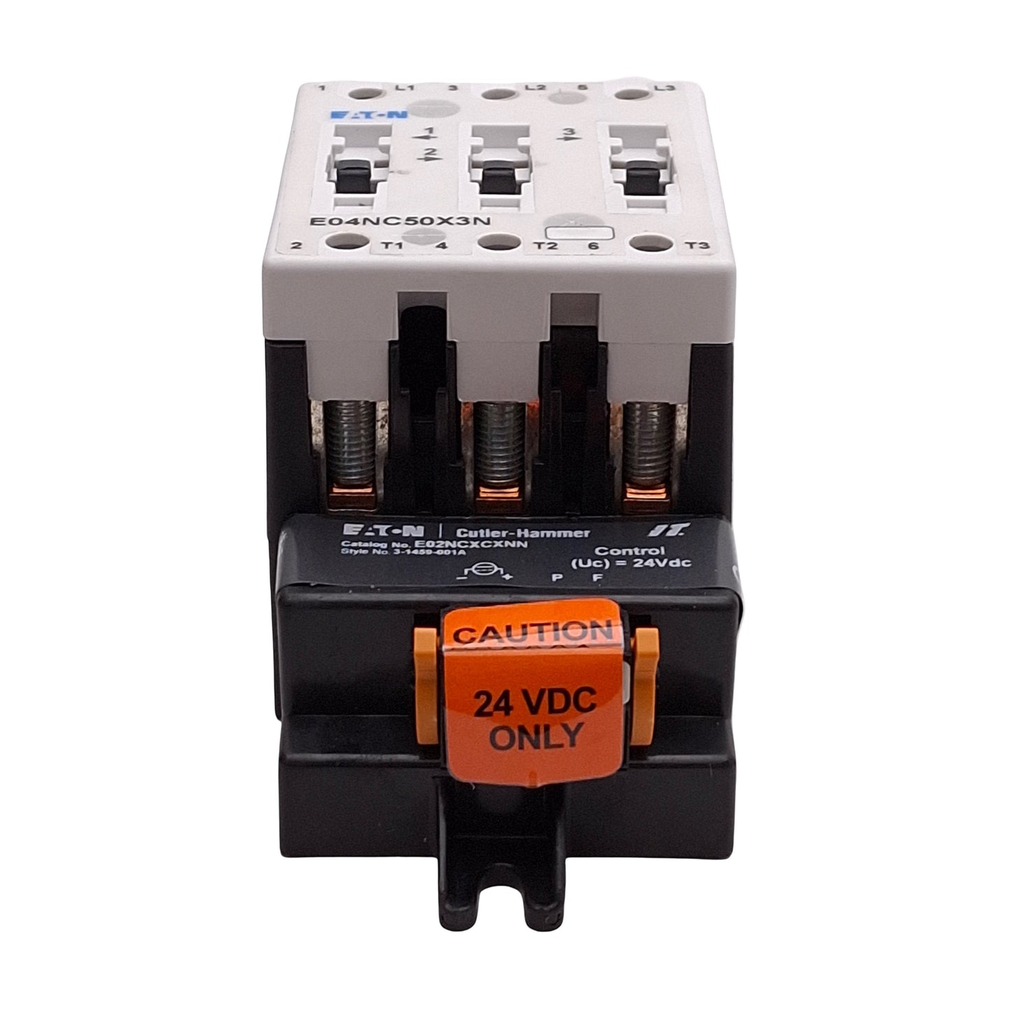 New Eaton E04NC50X3N IEC Contactor, 3-Pole, 50A, 33kW/30HP @ 3Ø 575VAC, 24VDC Coil