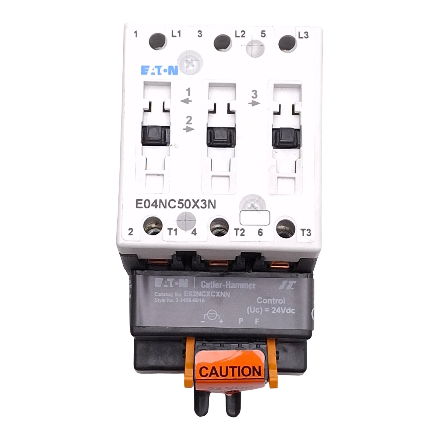 New Eaton E04NC50X3N IEC Contactor, 3-Pole, 50A, 33kW/30HP @ 3Ø 575VAC, 24VDC Coil