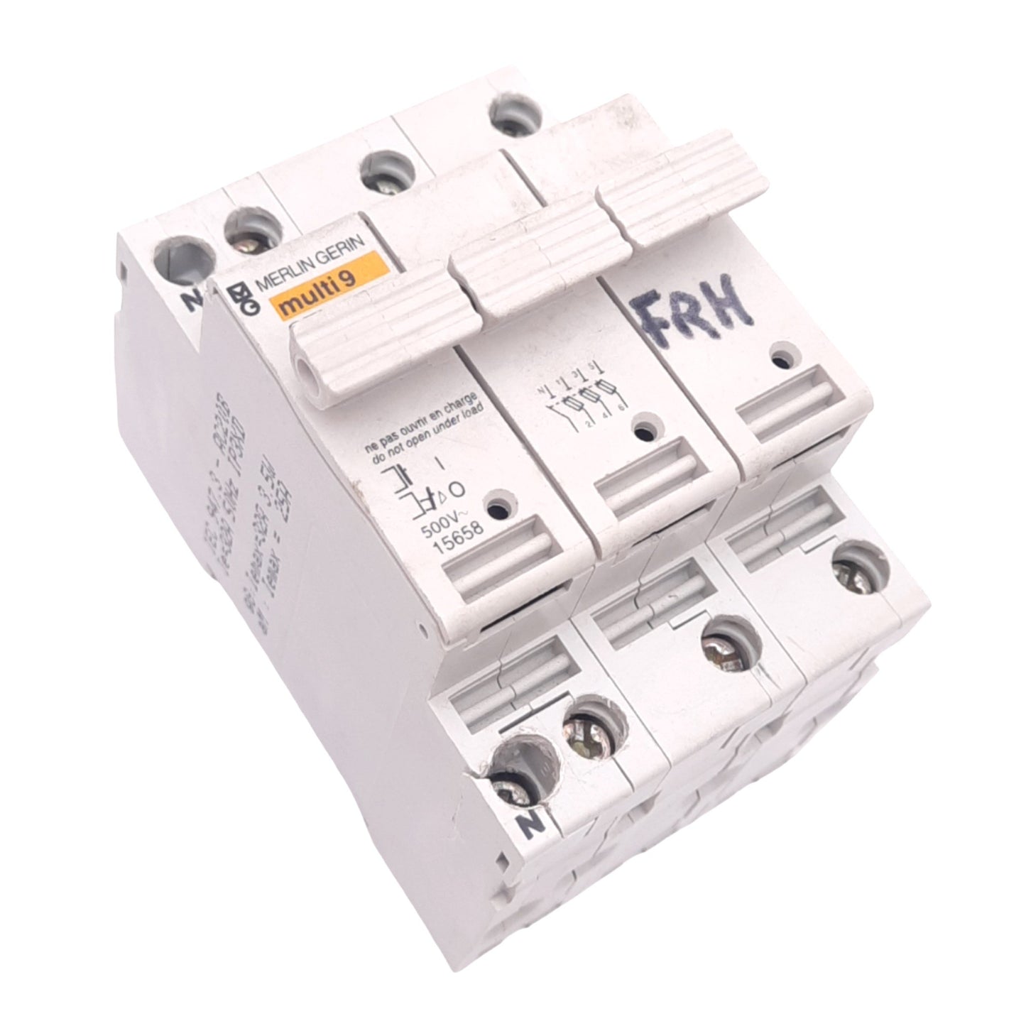 Used Merlin Gerin 15658 STI 10.3x38 Fuse Holder, 3-Pole, 500VAC Max, DIN Rail