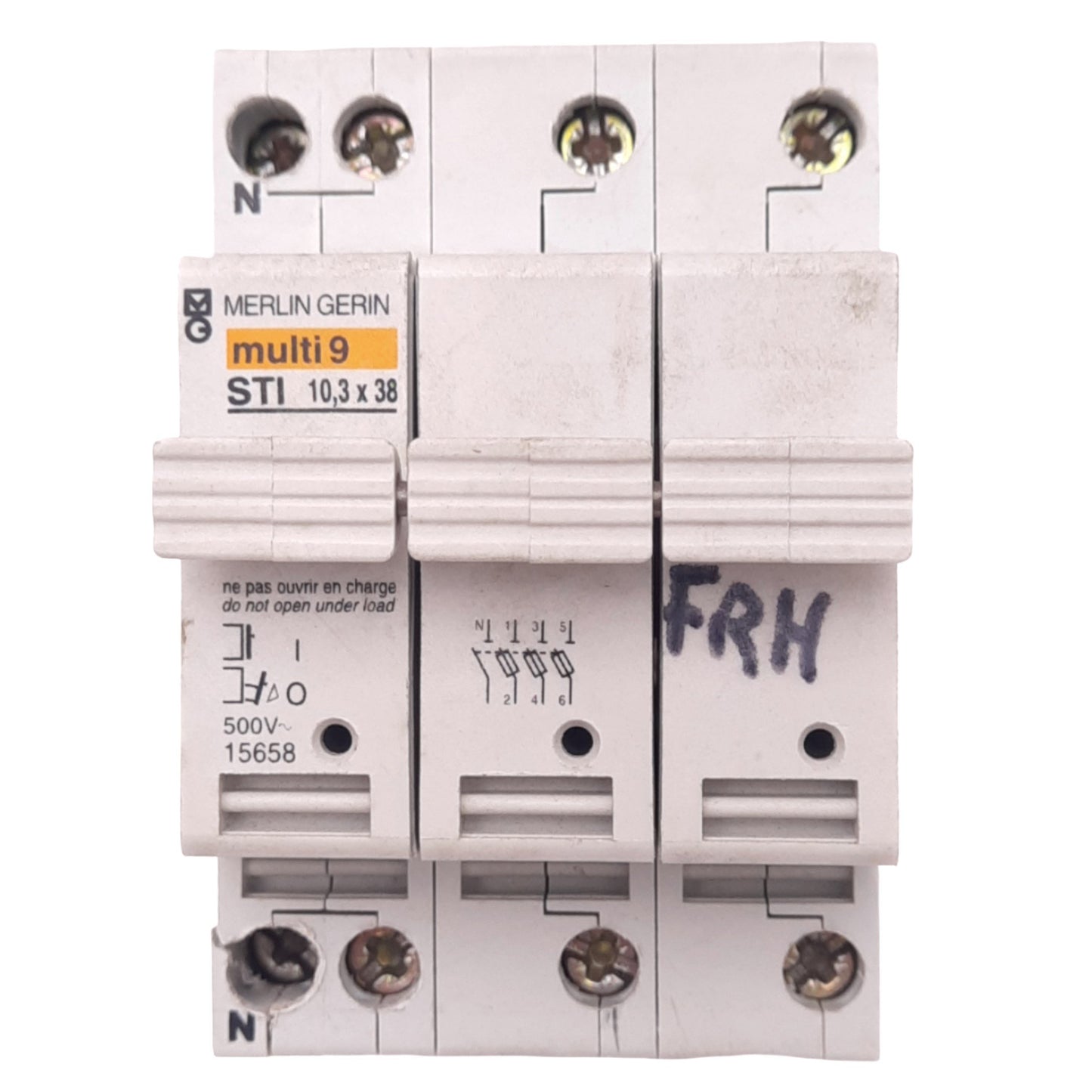 Used Merlin Gerin 15658 STI 10.3x38 Fuse Holder, 3-Pole, 500VAC Max, DIN Rail