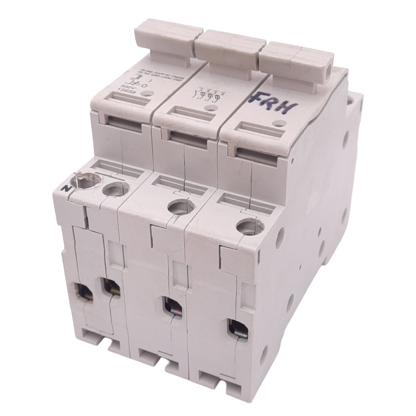 Used Merlin Gerin 15658 STI 10.3x38 Fuse Holder, 3-Pole, 500VAC Max, DIN Rail