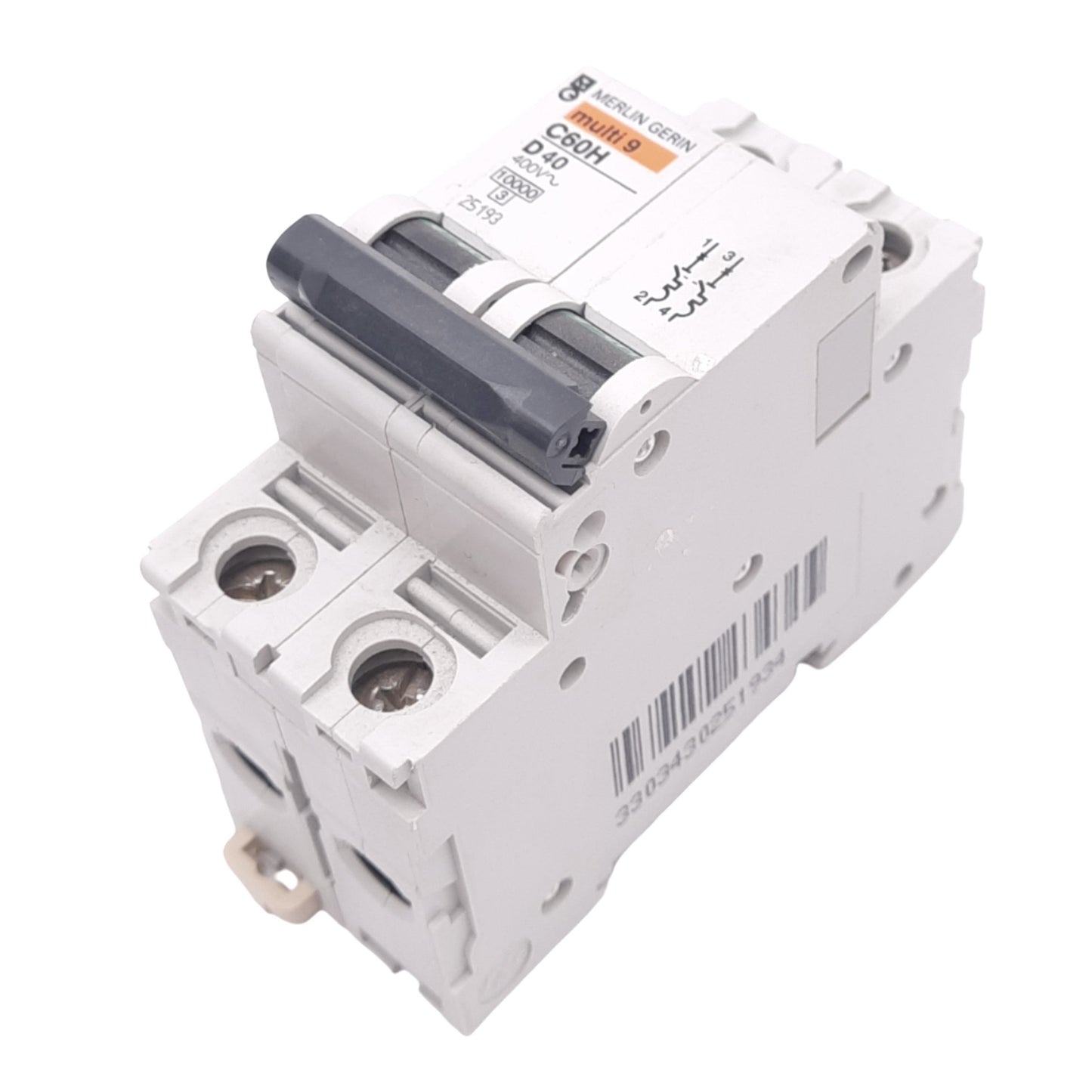 Used Merlin Gerin 25193 C60H-2P-40A-D Circuit Breaker, 2-Pole, 40A, 400VAC, DIN Rail