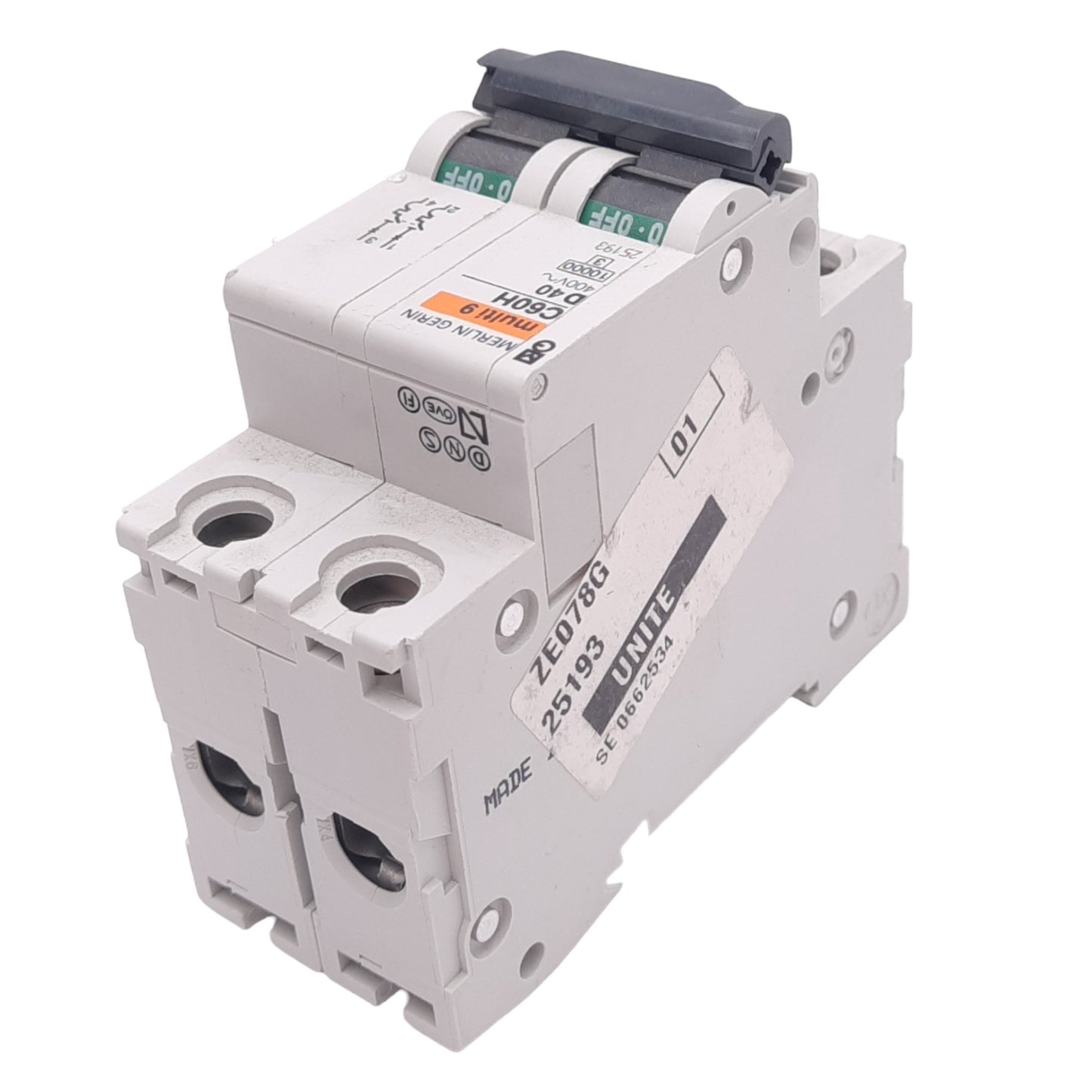 Used Merlin Gerin 25193 C60H-2P-40A-D Circuit Breaker, 2-Pole, 40A, 400VAC, DIN Rail