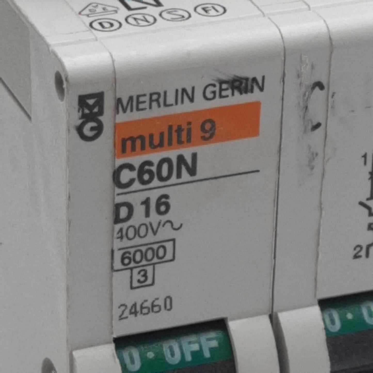 Used Merlin Gerin 24660 Circuit Breaker, 2-Pole, 16A 400VAC, D-Curve, DIN Rail