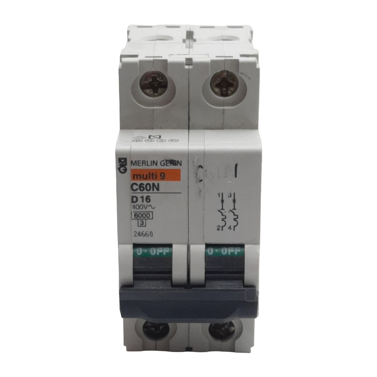 Used Merlin Gerin 24660 Circuit Breaker, 2-Pole, 16A 400VAC, D-Curve, DIN Rail