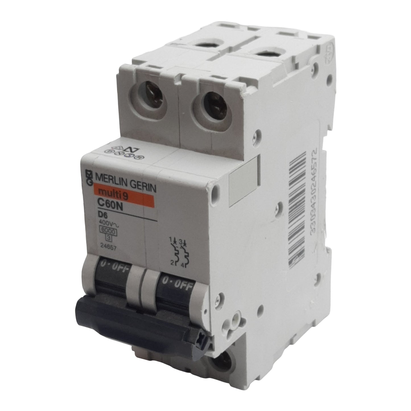 Used Merlin Gerin 24657 C60N Circuit Breaker, 2-Pole, 6A 400VAC, D-Curve, DIN Rail