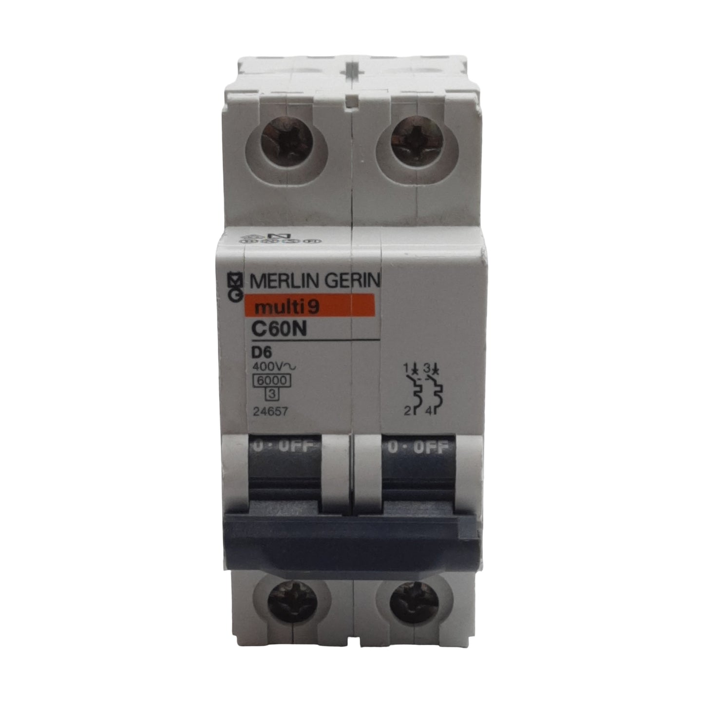 Used Merlin Gerin 24657 C60N Circuit Breaker, 2-Pole, 6A 400VAC, D-Curve, DIN Rail