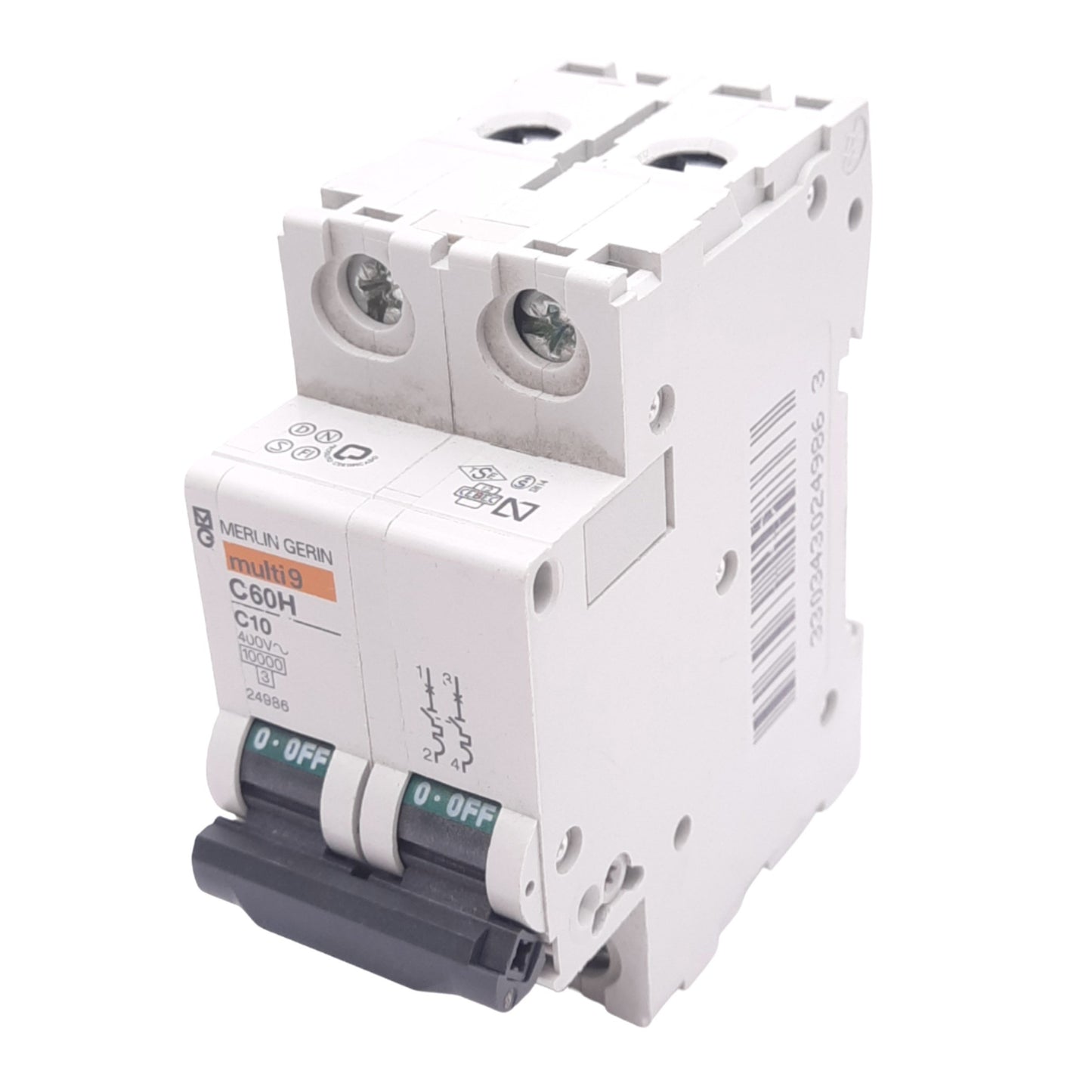 Used Merlin Gerin 24986 C60H-2P-10A-C Circuit Breaker, 2-Pole, 10A, 400VAC, DIN Rail