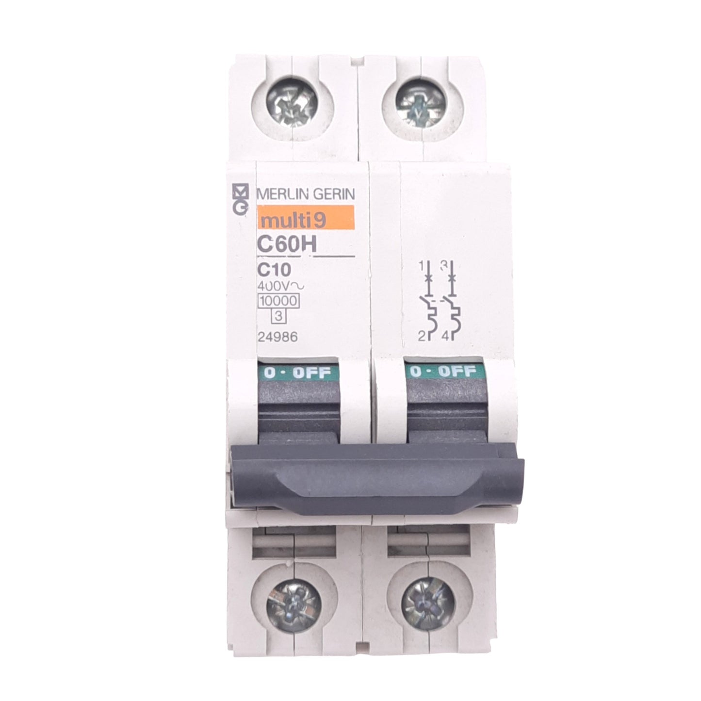 Used Merlin Gerin 24986 C60H-2P-10A-C Circuit Breaker, 2-Pole, 10A, 400VAC, DIN Rail