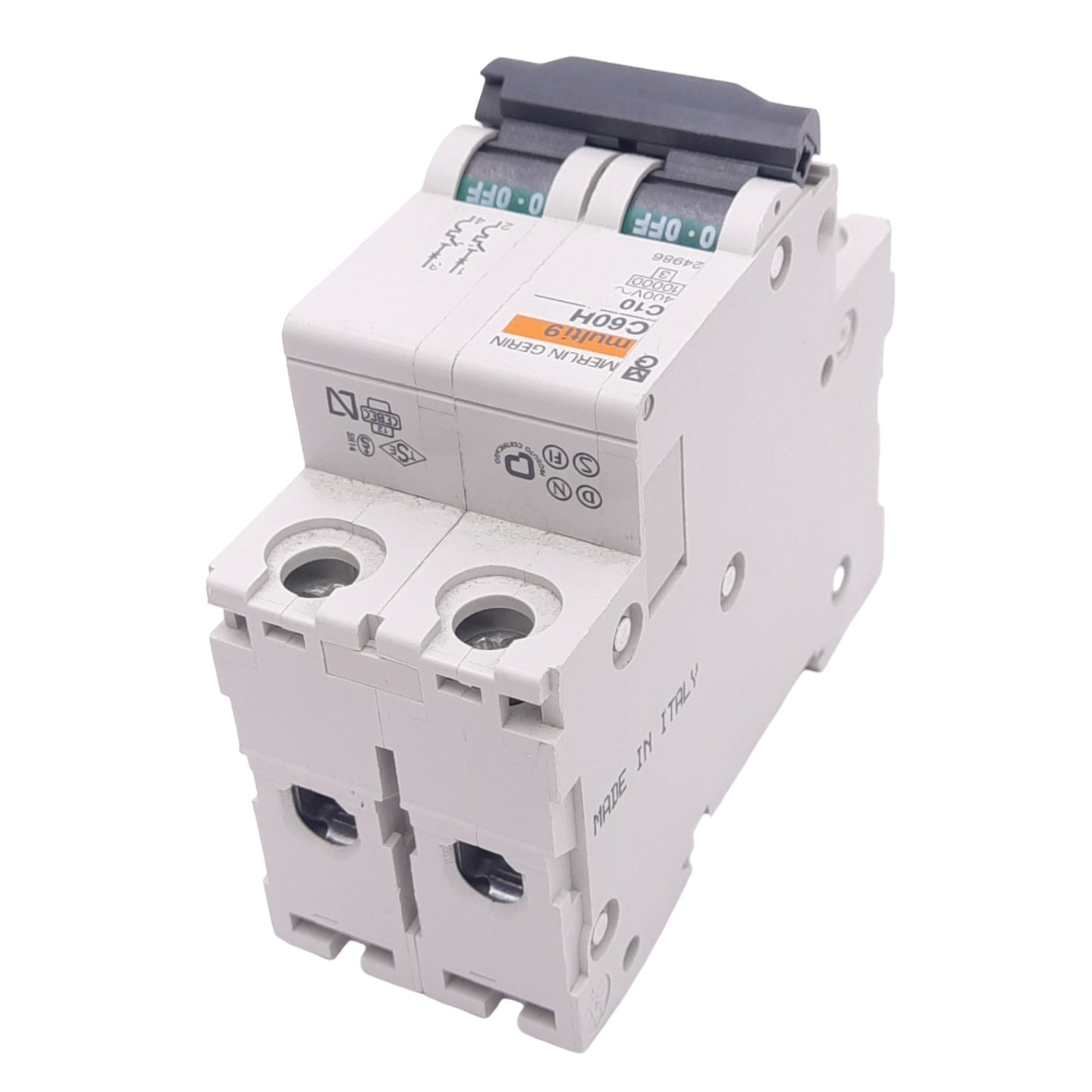 Used Merlin Gerin 24986 C60H-2P-10A-C Circuit Breaker, 2-Pole, 10A, 400VAC, DIN Rail