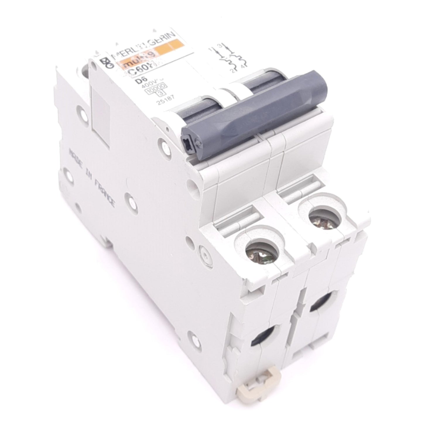 Used Merlin Gerin 25187 C60H-2P-6A-D Circuit Breaker, 2-Pole, 6A, 400VAC, DIN Rail