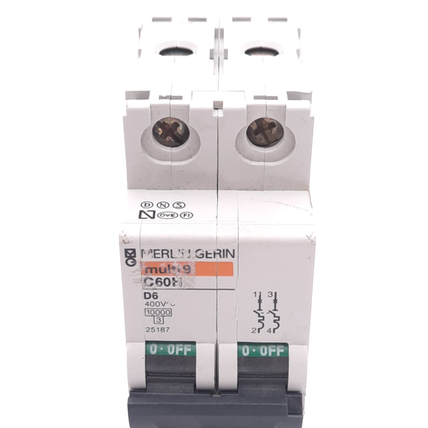 Used Merlin Gerin 25187 C60H-2P-6A-D Circuit Breaker, 2-Pole, 6A, 400VAC, DIN Rail