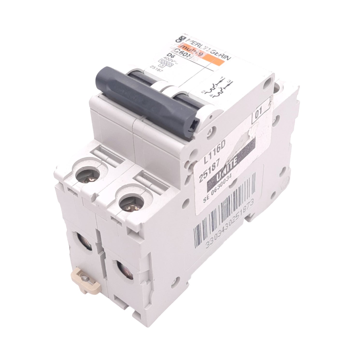 Used Merlin Gerin 25187 C60H-2P-6A-D Circuit Breaker, 2-Pole, 6A, 400VAC, DIN Rail