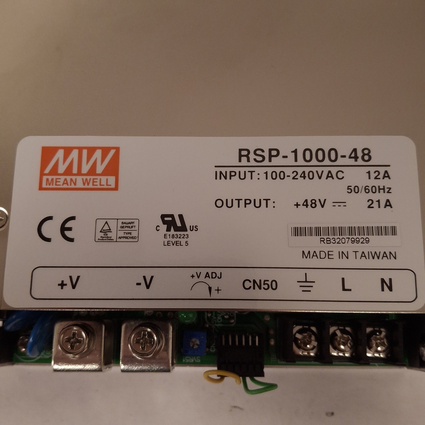 Used Mean Well RSP-1000-48 Power Supply 1000W, 100-240VAC 12A Input, 48VDC 21A Output